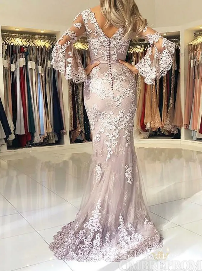 Mermaid V neck Lace Long Sleeve Prom Dresses Cheap Evening Dress MHL161
