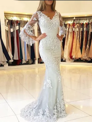 Mermaid V neck Lace Long Sleeve Prom Dresses Cheap Evening Dress MHL161