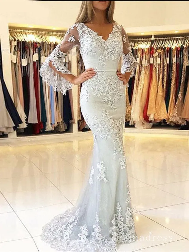 Mermaid V neck Lace Long Sleeve Prom Dresses Cheap Evening Dress MHL161