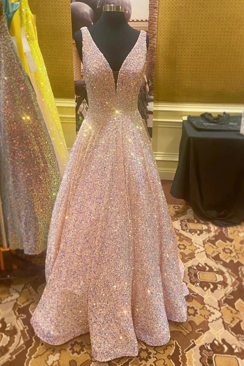 Modest Pink V neck Ball Gown Sequins Prom Dress Formal Dresses #QWE012