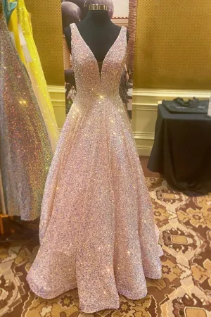 Modest Pink V neck Ball Gown Sequins Prom Dress Formal Dresses #QWE012