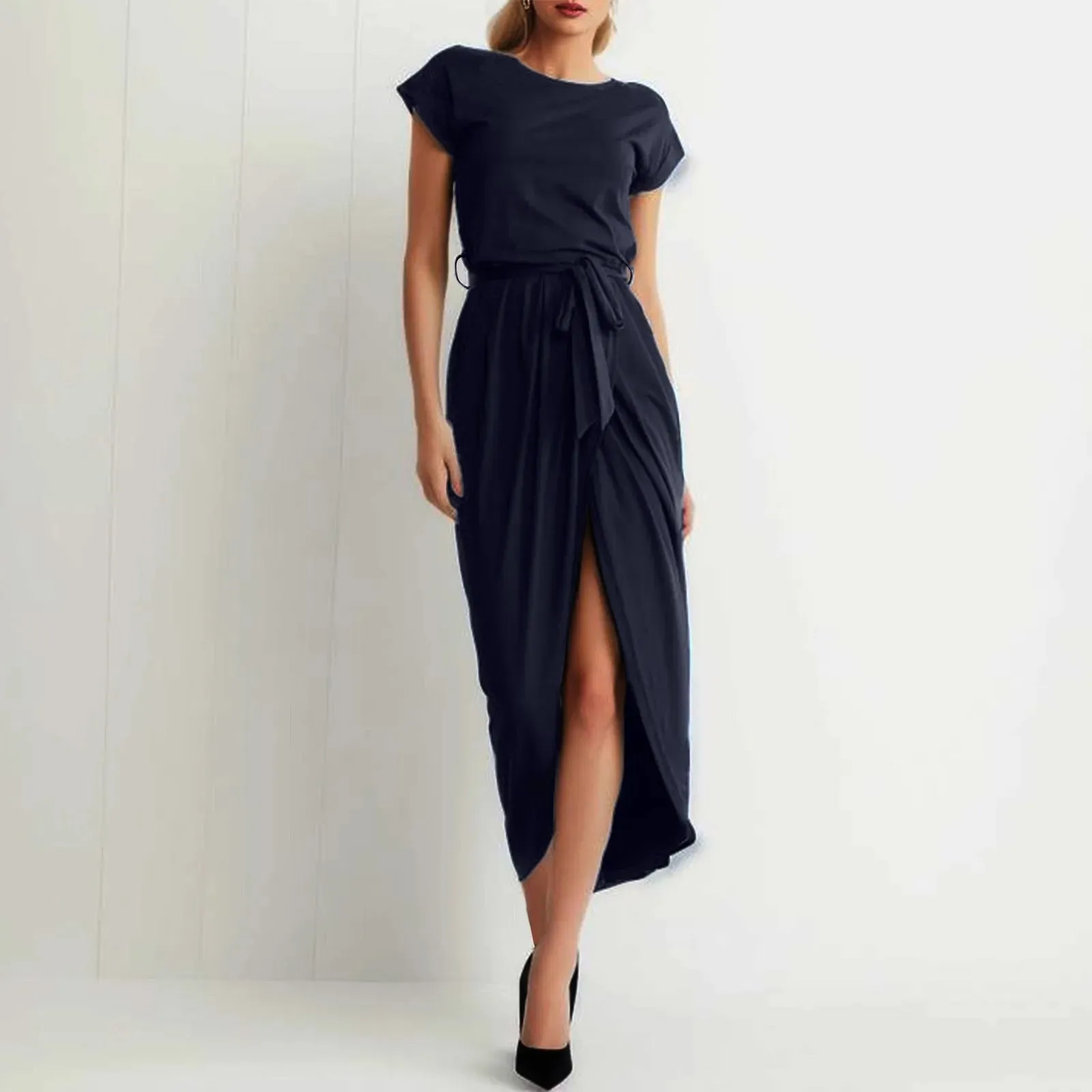 New In Summer/Autumn Midi Split Wrap Short Sleeve Solid Casual Fashionable Dress