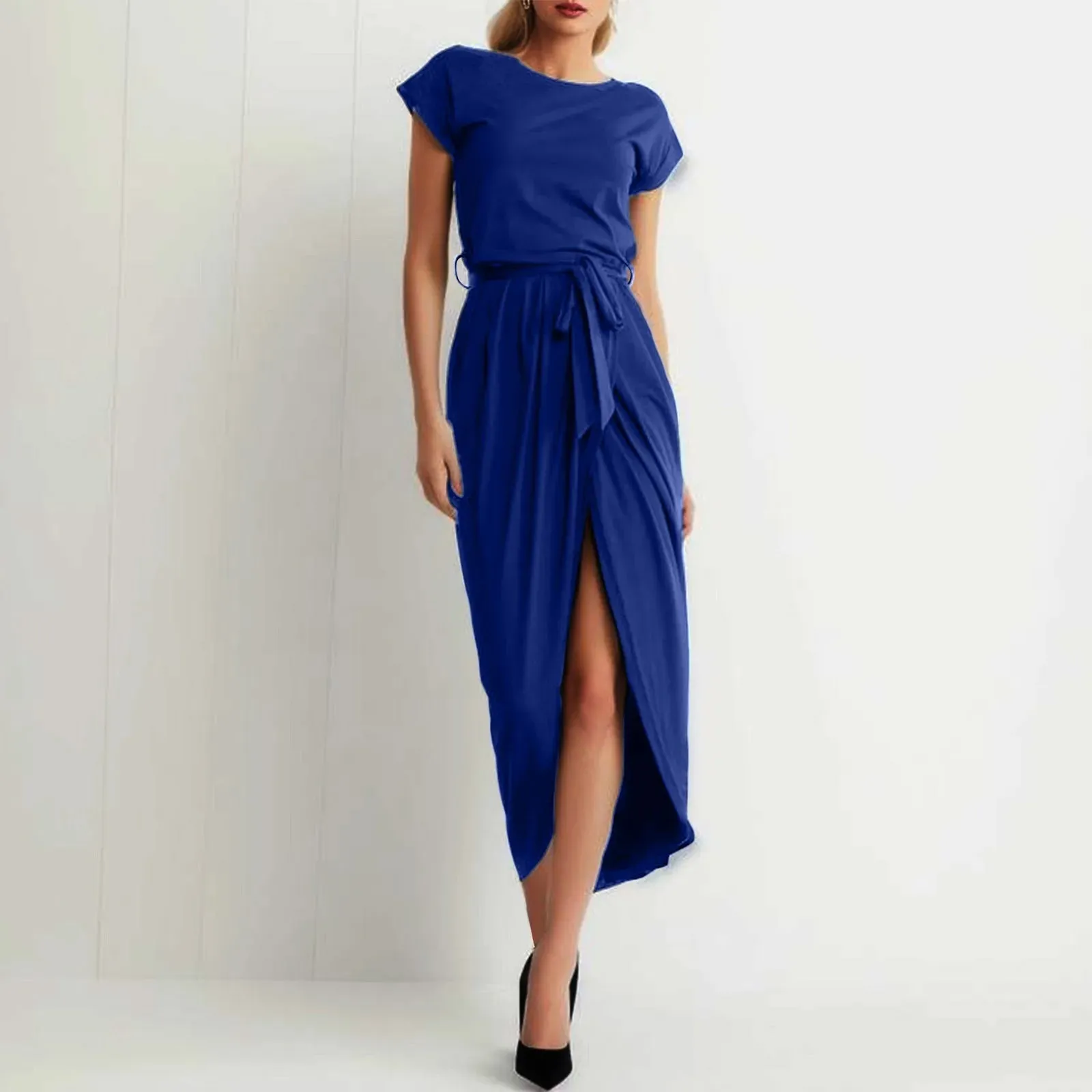 New In Summer/Autumn Midi Split Wrap Short Sleeve Solid Casual Fashionable Dress
