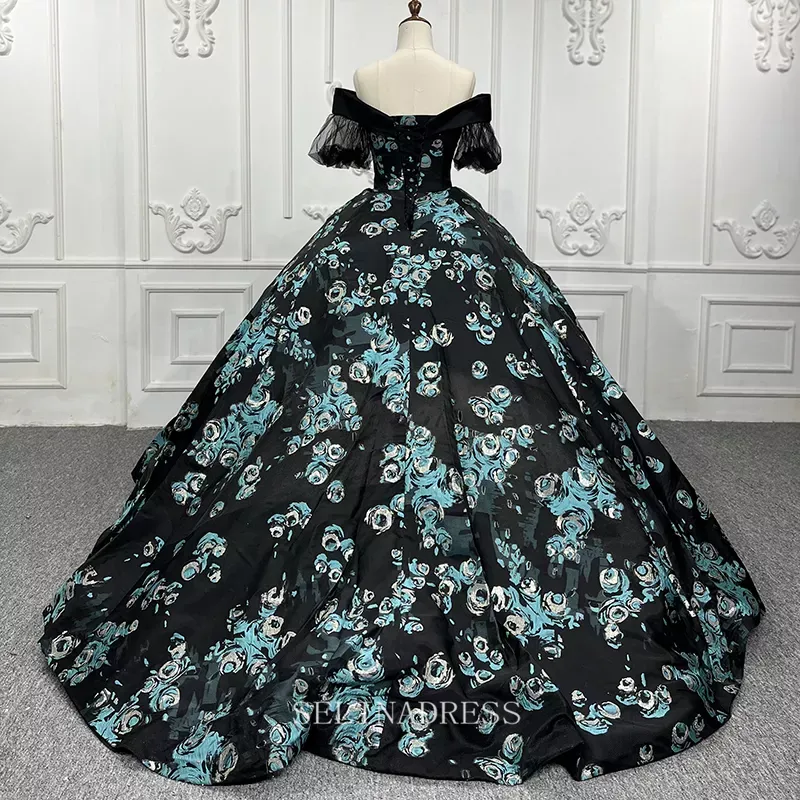 Off Shoulder Black Pattern Prom Evening Ball Gown Wedding Dress LS9534 Selinadress