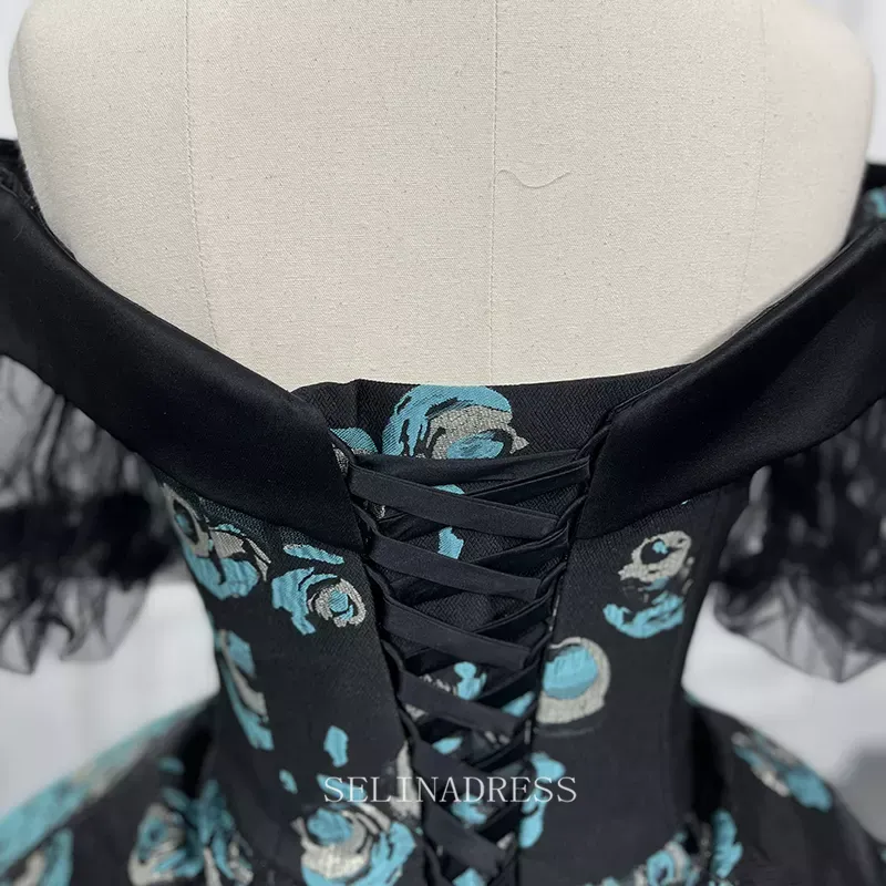 Off Shoulder Black Pattern Prom Evening Ball Gown Wedding Dress LS9534 Selinadress