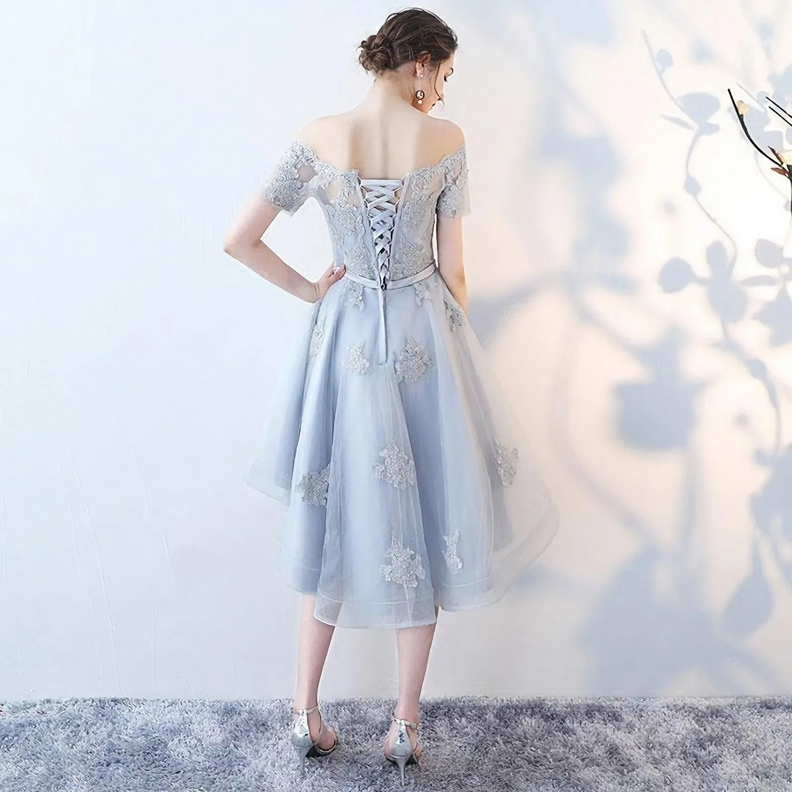 Off The Shoulder Dusty Blue High Low Homecoming Dress Tulle Short Cocktail Dresses