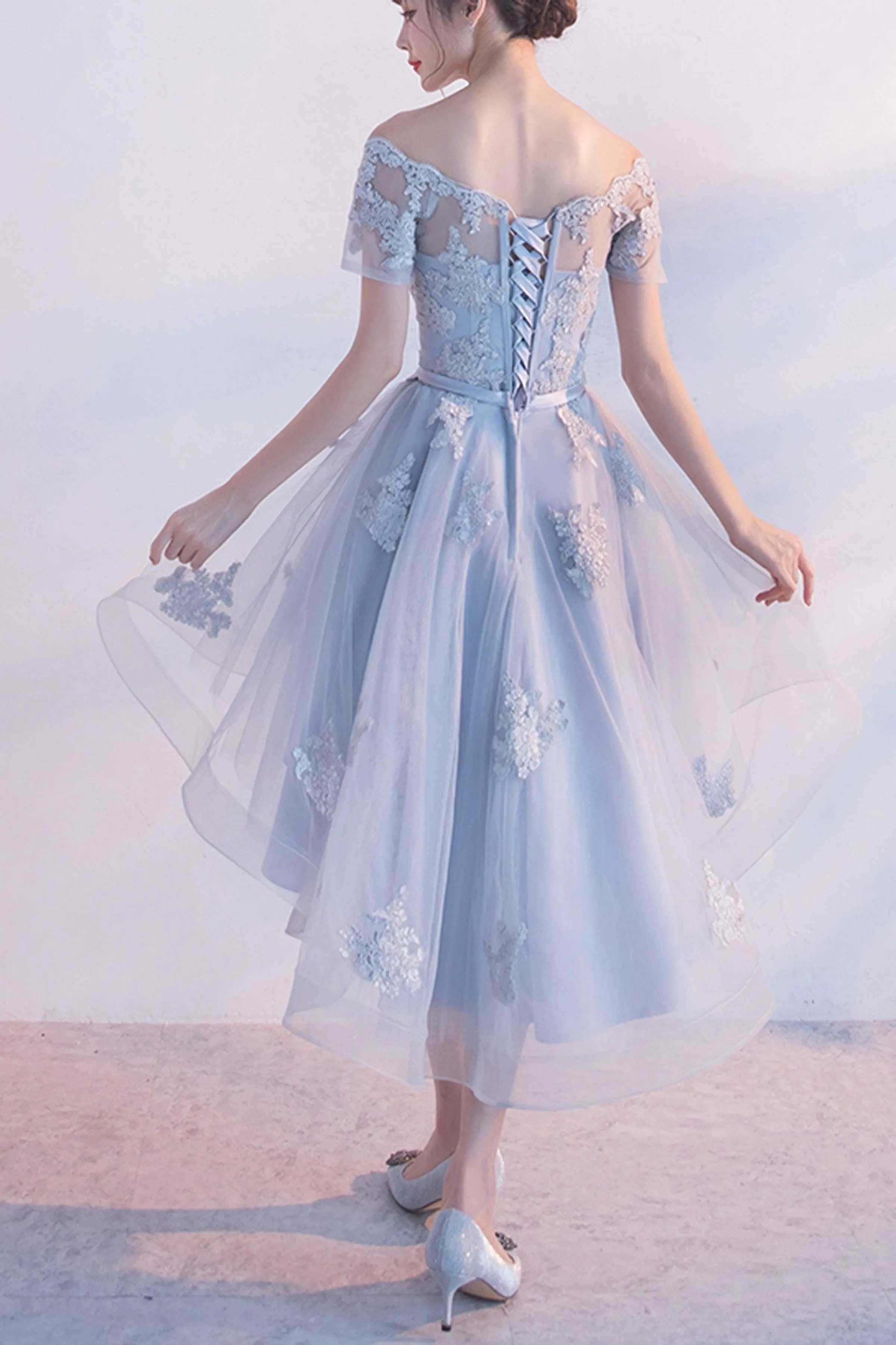 Off The Shoulder Dusty Blue High Low Homecoming Dress Tulle Short Cocktail Dresses