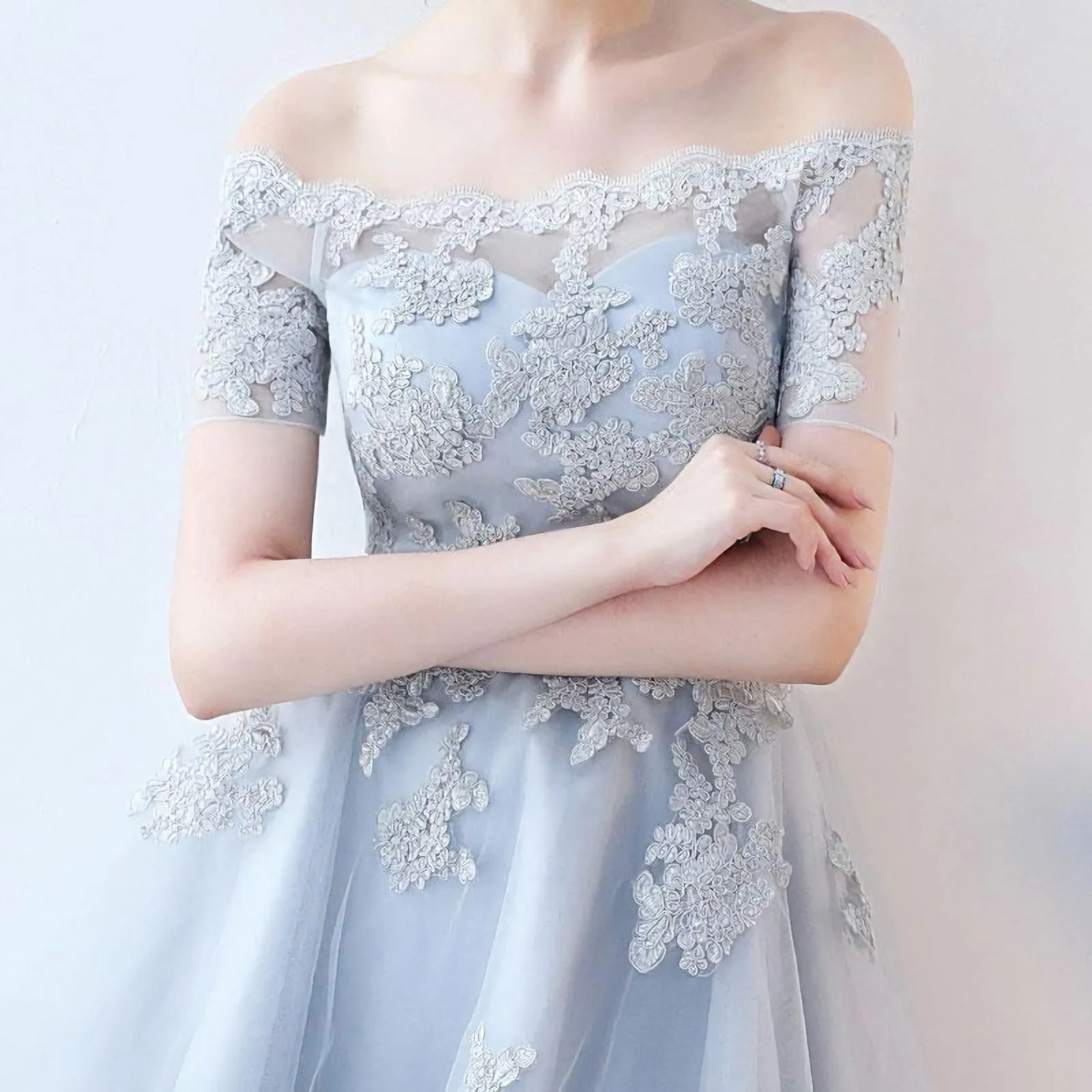 Off The Shoulder Dusty Blue High Low Homecoming Dress Tulle Short Cocktail Dresses