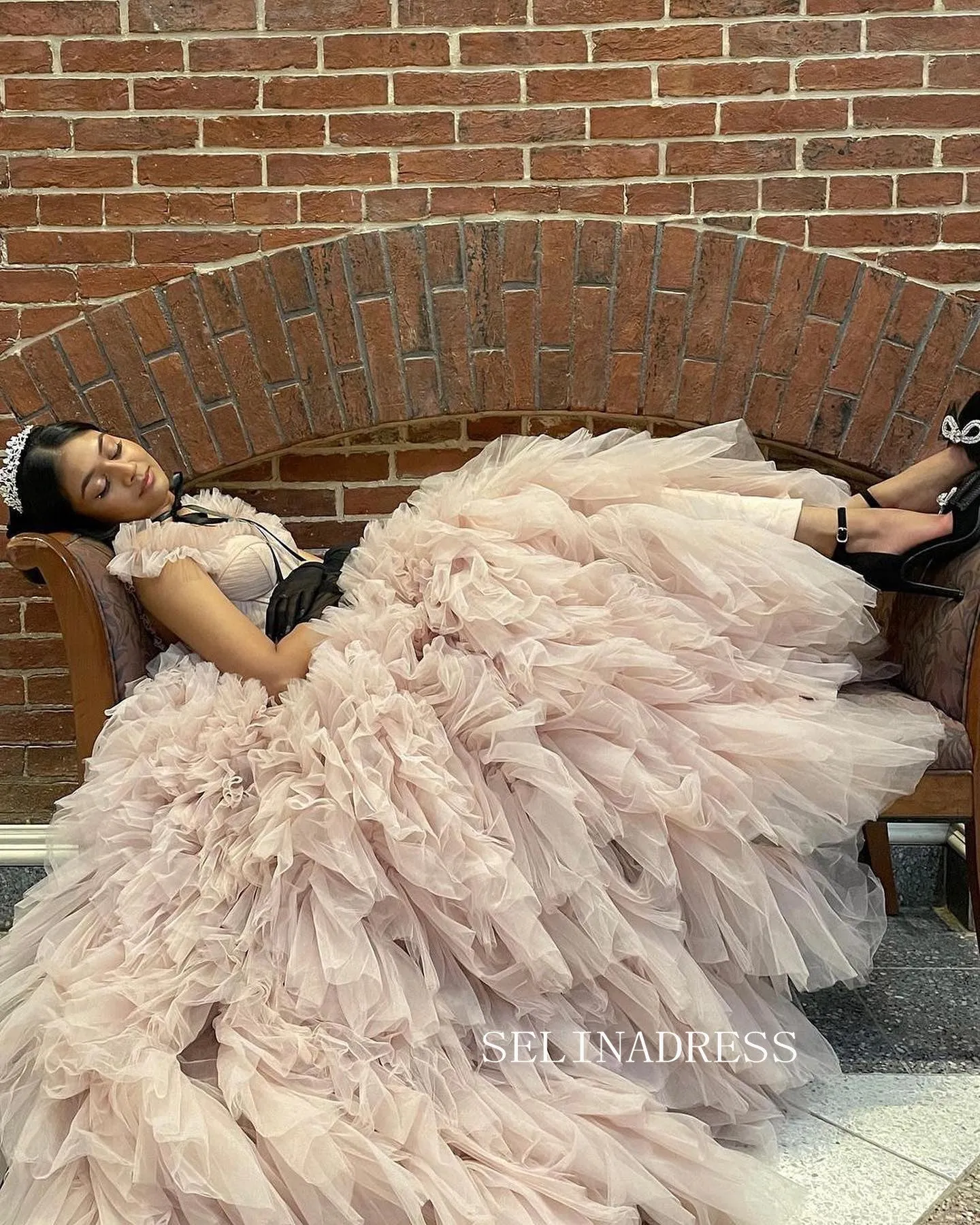 Off-the-shoulder Gorgeous Frill Layered Gown Dusty Pink Ball Gown Evening Dress #JKW004