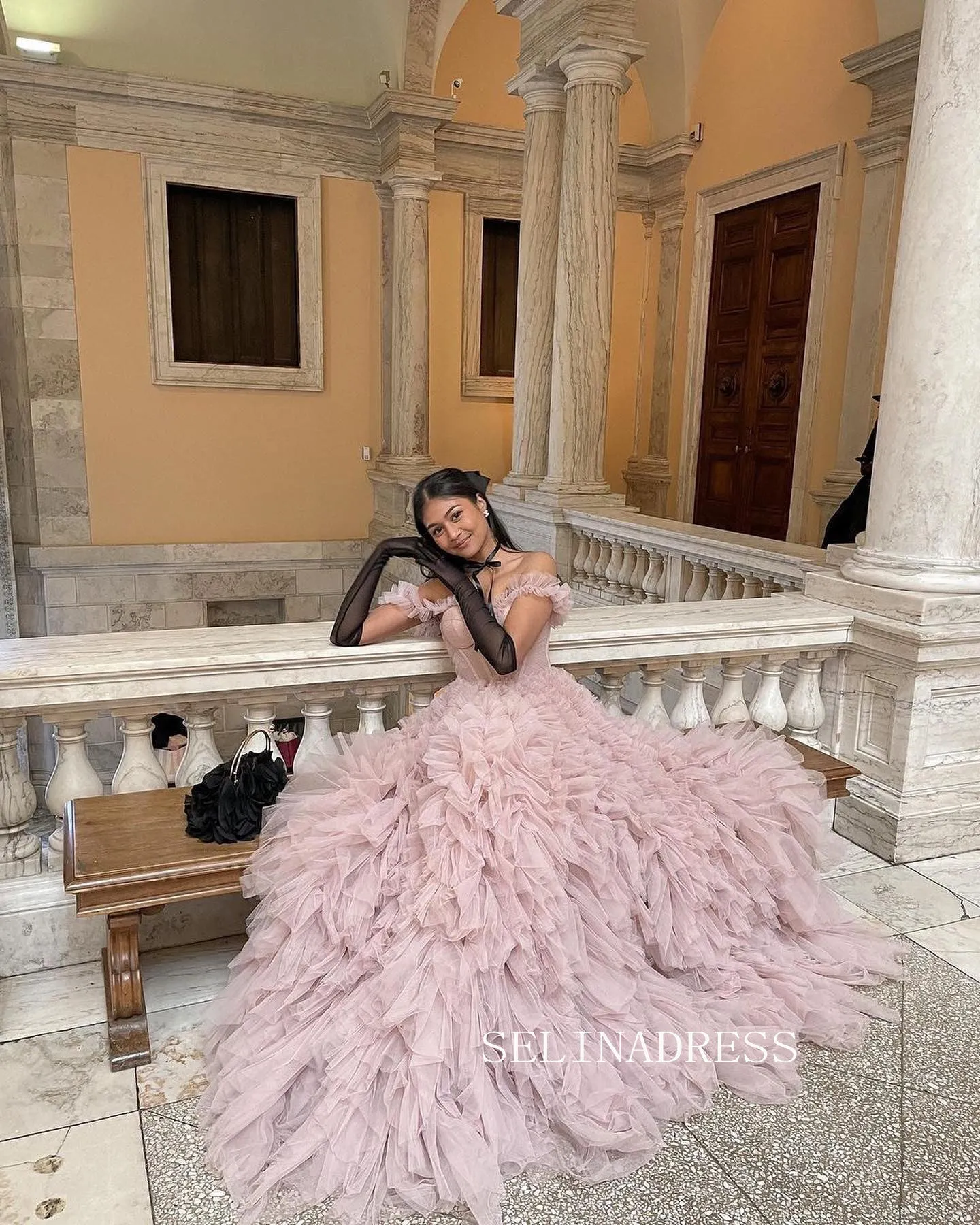 Off-the-shoulder Gorgeous Frill Layered Gown Dusty Pink Ball Gown Evening Dress #JKW004