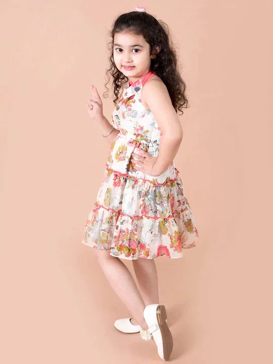 Off White Red Floral Printed Chiffon Dress