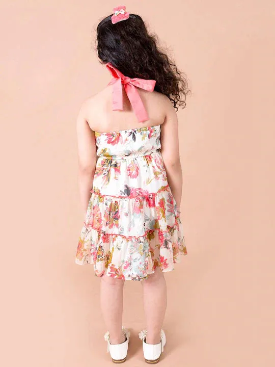 Off White Red Floral Printed Chiffon Dress