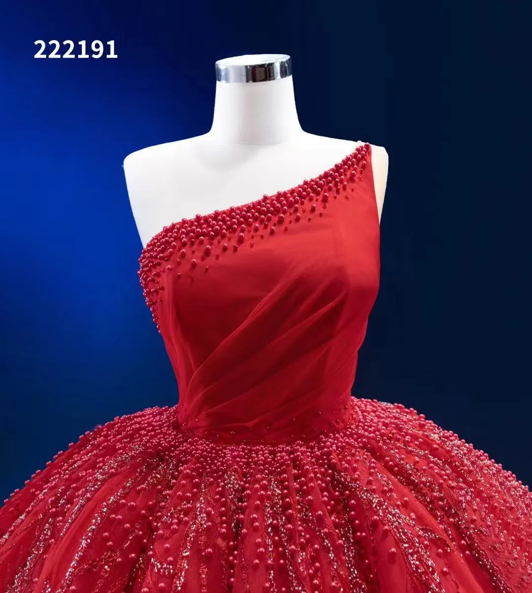 One SHoulder Red Ball Gown Prom Dress Beaded Pageant Dress 222191