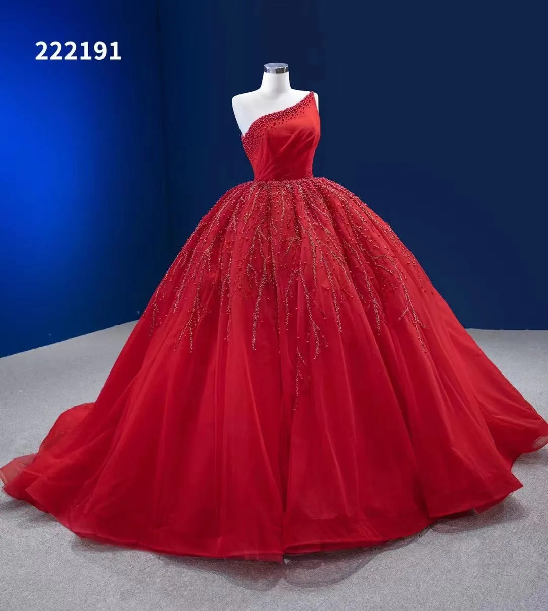 One SHoulder Red Ball Gown Prom Dress Beaded Pageant Dress 222191
