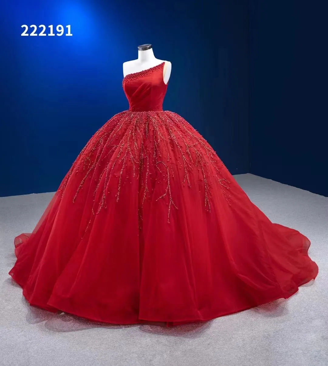 One SHoulder Red Ball Gown Prom Dress Beaded Pageant Dress 222191