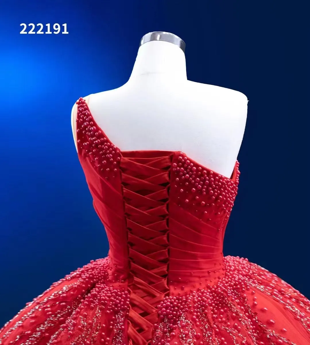 One SHoulder Red Ball Gown Prom Dress Beaded Pageant Dress 222191