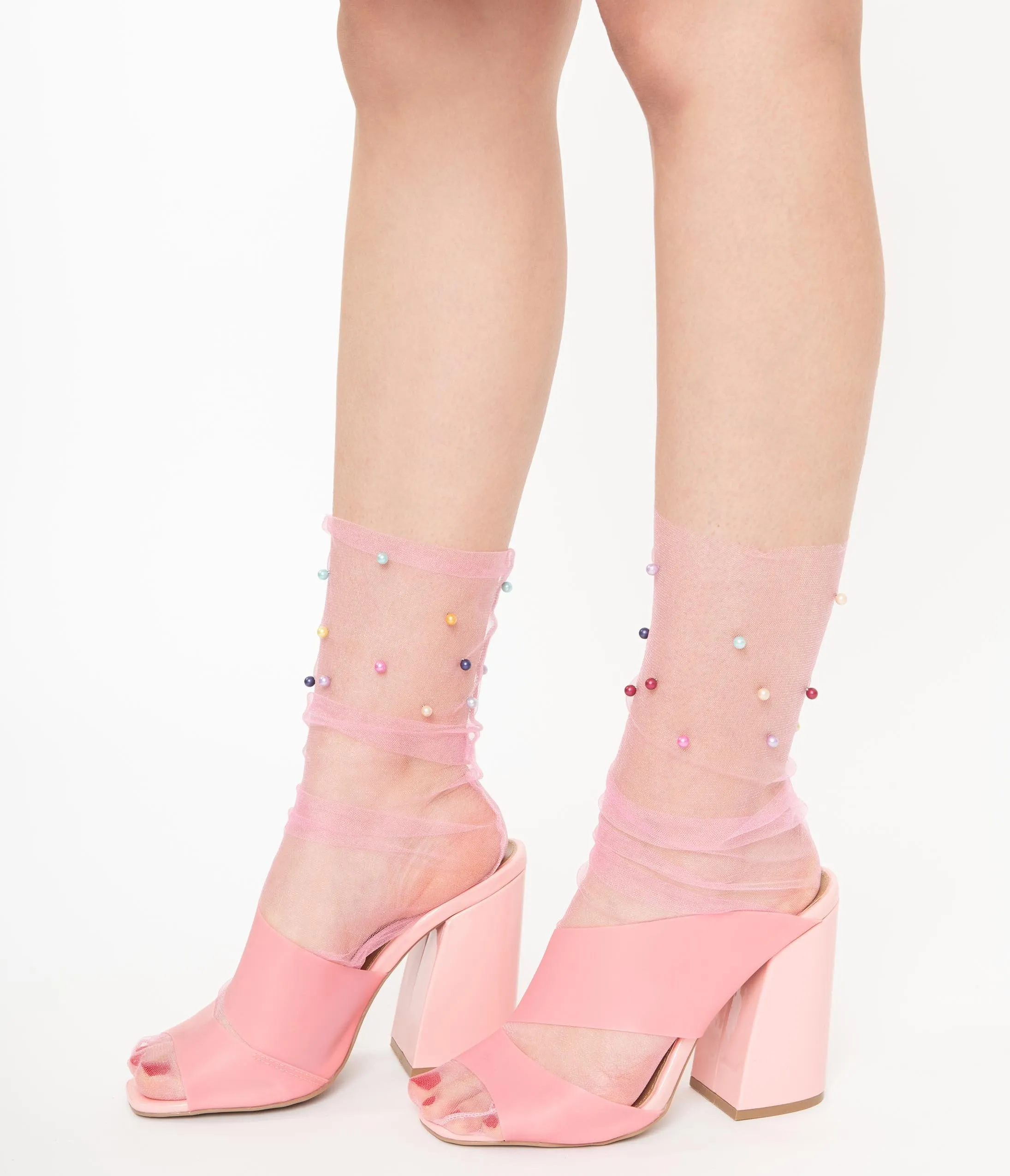 Pink & Multicolor Pearl Sheer Socks