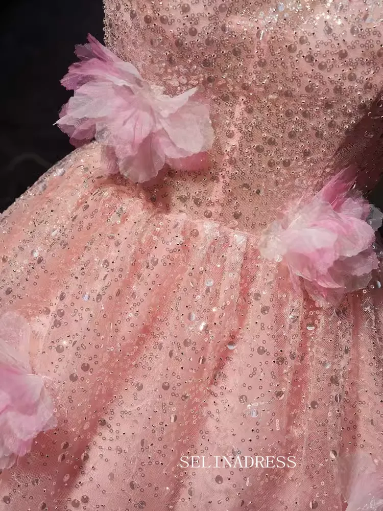 Pink Floral Sequin Blossom Homecoming Dresses Halter Neck 3D Flower Dress #SEW1267