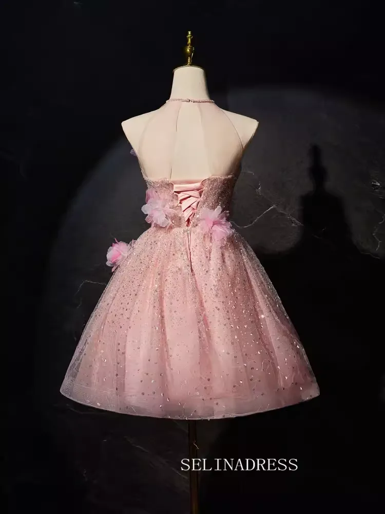 Pink Floral Sequin Blossom Homecoming Dresses Halter Neck 3D Flower Dress #SEW1267