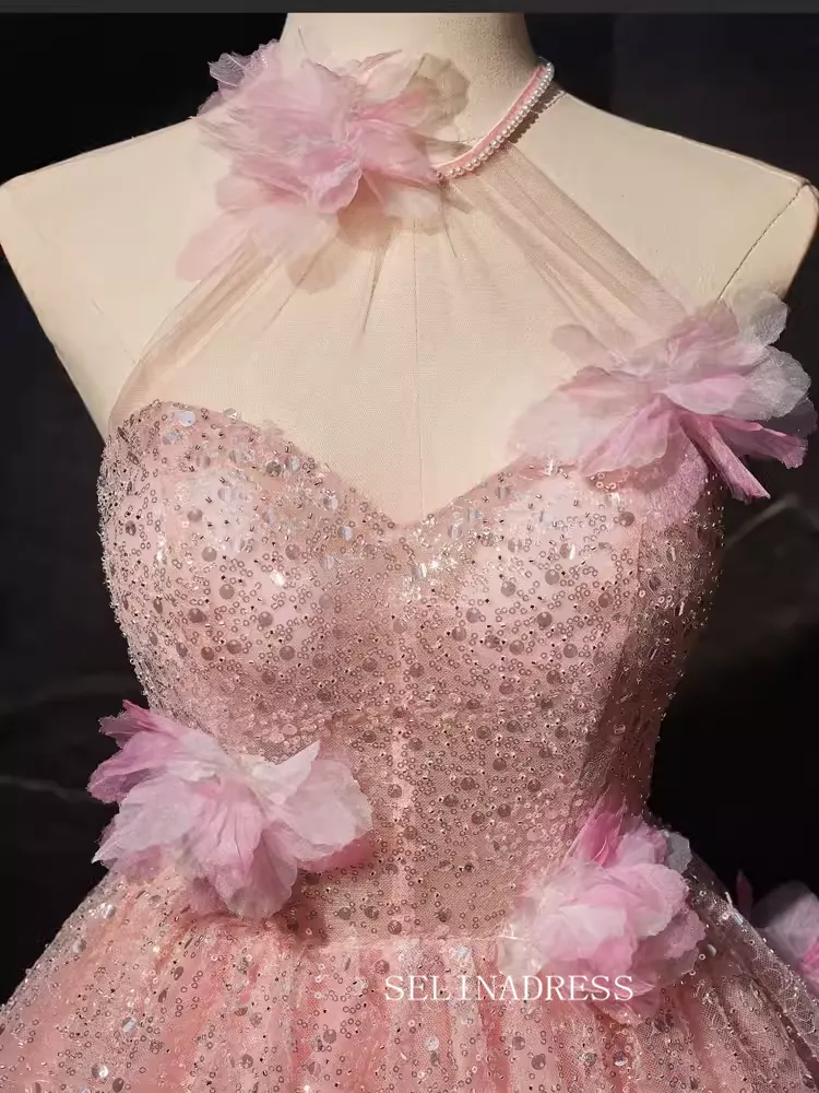 Pink Floral Sequin Blossom Homecoming Dresses Halter Neck 3D Flower Dress #SEW1267