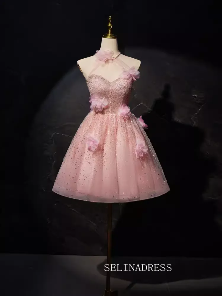 Pink Floral Sequin Blossom Homecoming Dresses Halter Neck 3D Flower Dress #SEW1267