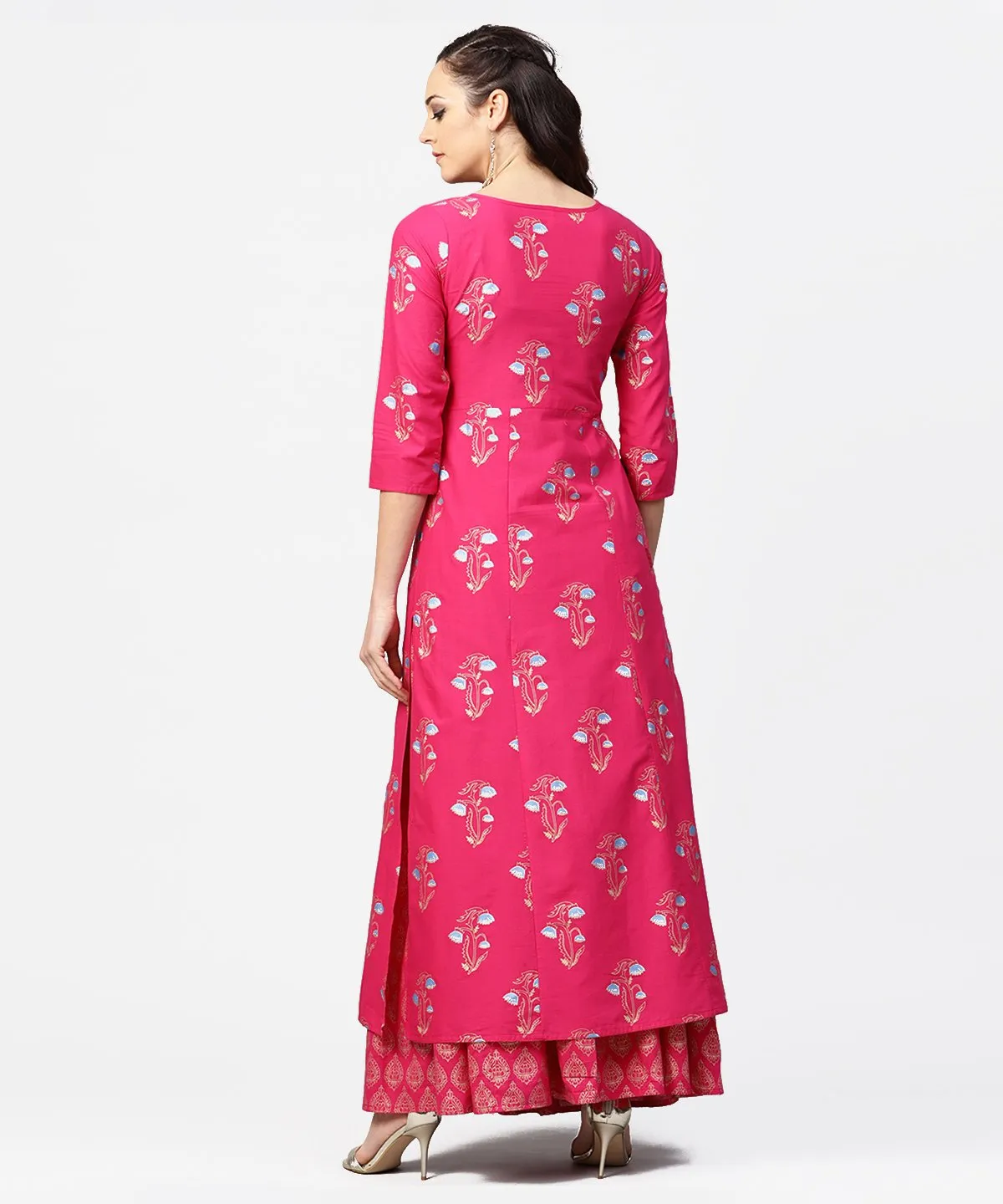 Pink Printed 3/4Th Sleeve Cotton Kurta With Printed Skirt