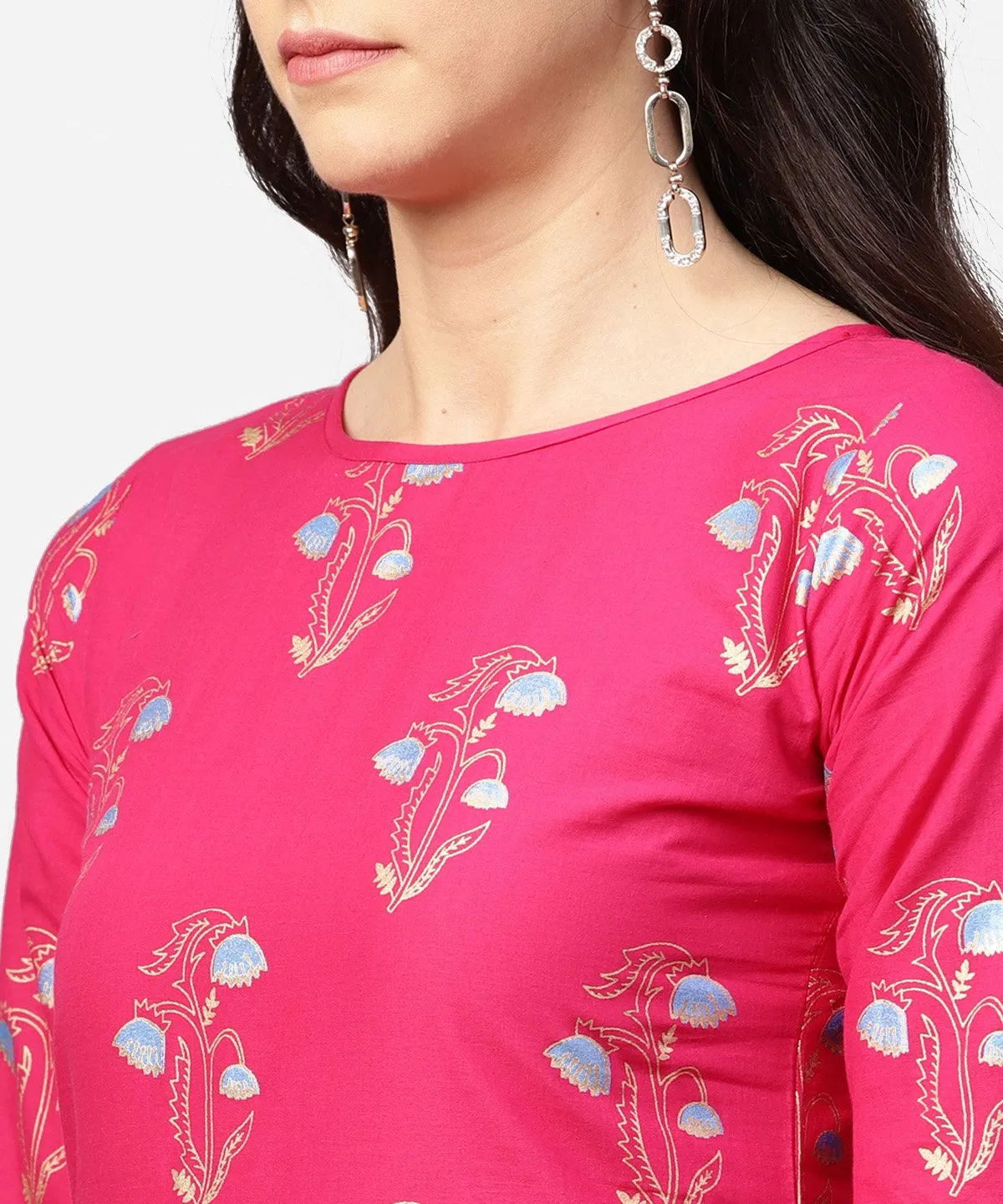 Pink Printed 3/4Th Sleeve Cotton Kurta With Printed Skirt
