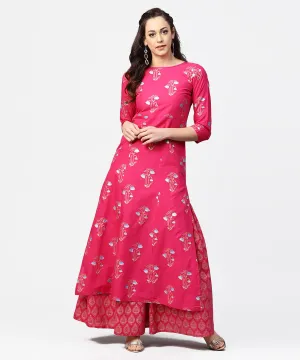 Pink Printed 3/4Th Sleeve Cotton Kurta With Printed Skirt
