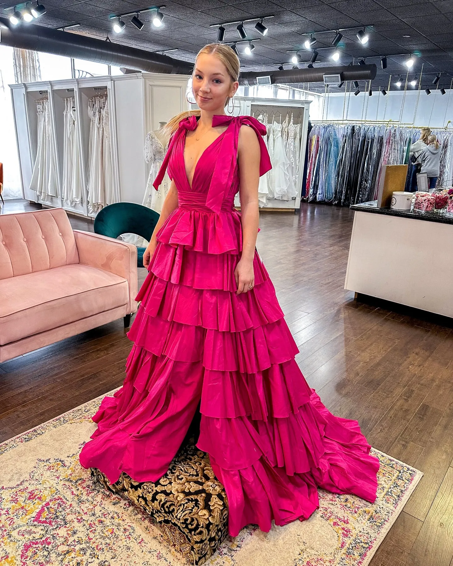 Plunging V-Neck Fuchsia Bow Straps Ruffle Ball Gown lpk579