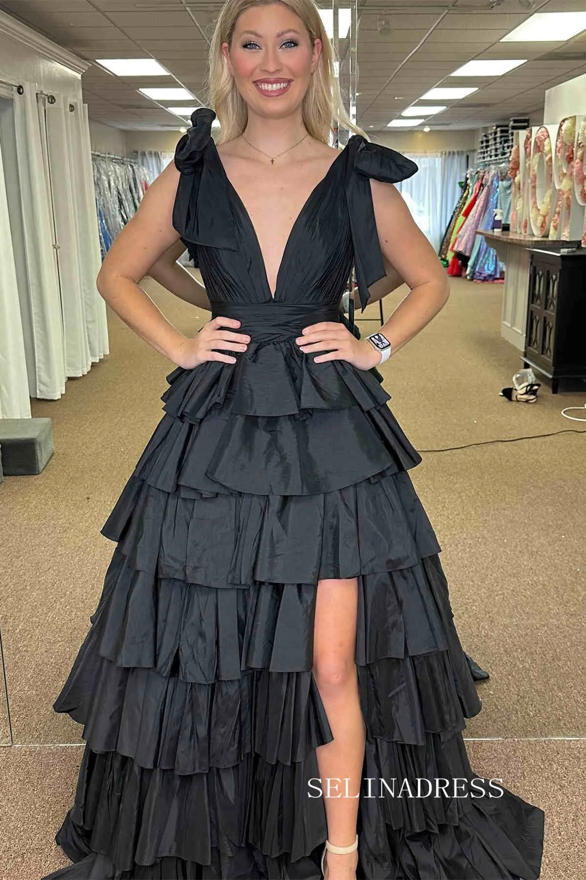 Plunging V-Neck Fuchsia Bow Straps Ruffle Ball Gown lpk579