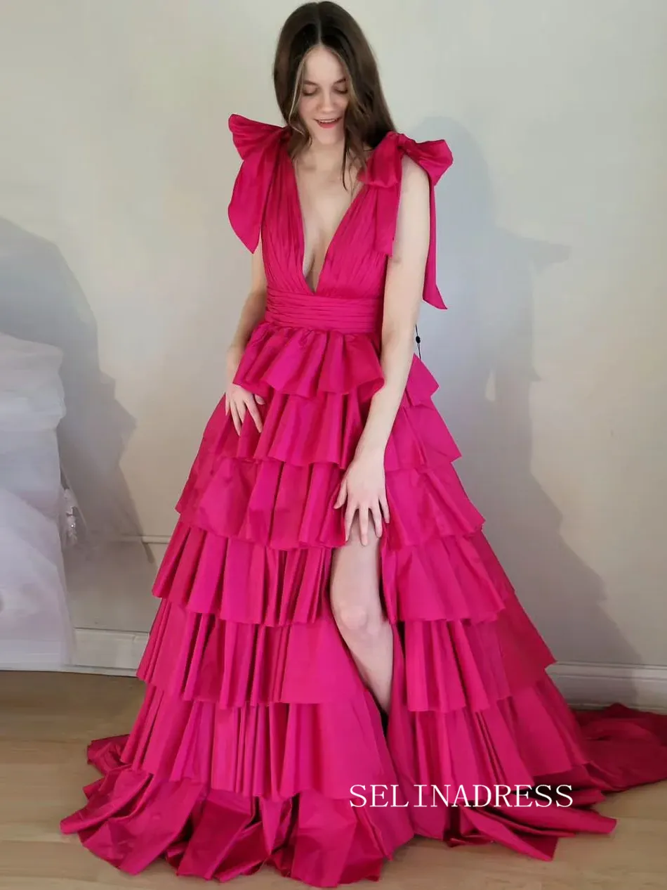 Plunging V-Neck Fuchsia Bow Straps Ruffle Ball Gown lpk579