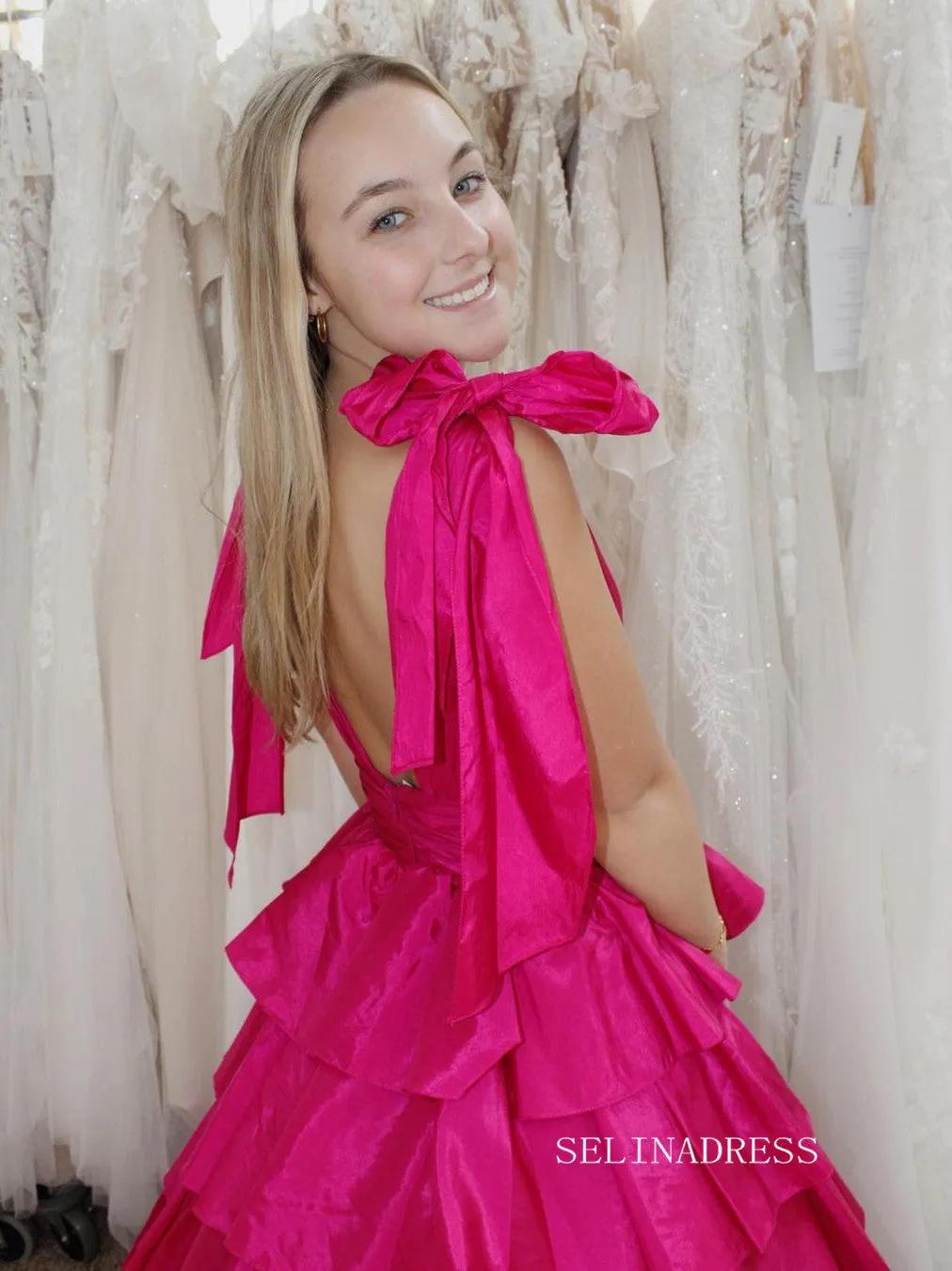 Plunging V-Neck Fuchsia Bow Straps Ruffle Ball Gown lpk579