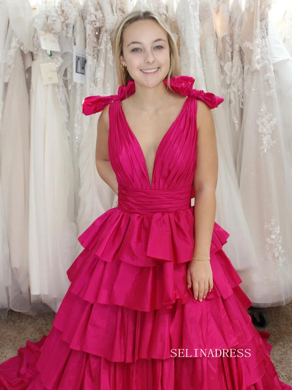 Plunging V-Neck Fuchsia Bow Straps Ruffle Ball Gown lpk579