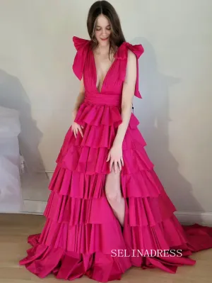Plunging V-Neck Fuchsia Bow Straps Ruffle Ball Gown lpk579