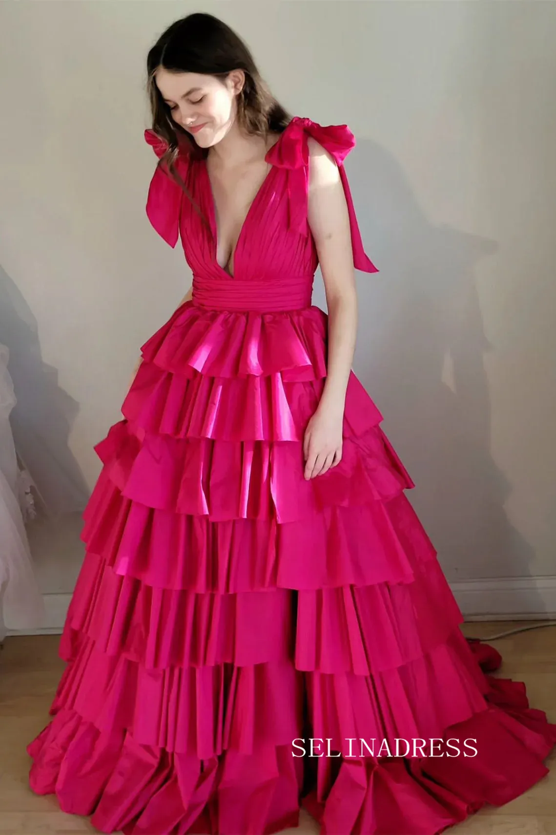 Plunging V-Neck Fuchsia Bow Straps Ruffle Ball Gown lpk579