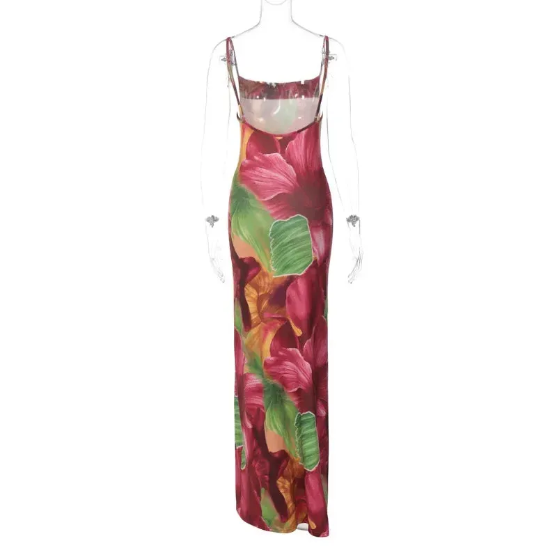 Print Backless Slip Maxi Dress