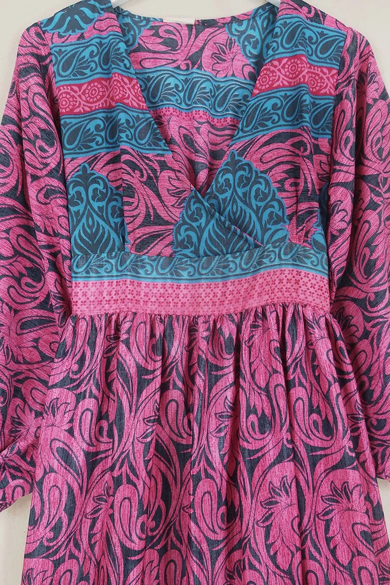 Rosemary Maxi Dress - Vintage Indian Sari - Flamingo Pink & Grey Marble - Size XS/S