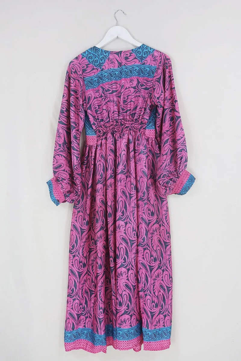 Rosemary Maxi Dress - Vintage Indian Sari - Flamingo Pink & Grey Marble - Size XS/S