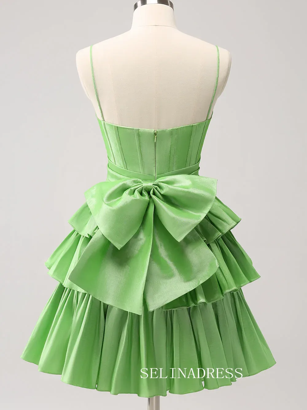 Sage Green Spaghetti Straps Homecoming Dresses Tiered Hoco Dress Cocktail Dress #TKL2352