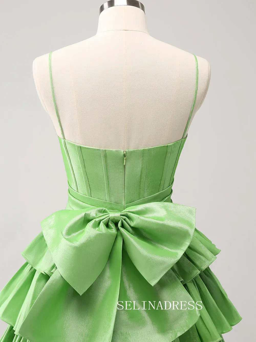 Sage Green Spaghetti Straps Homecoming Dresses Tiered Hoco Dress Cocktail Dress #TKL2352
