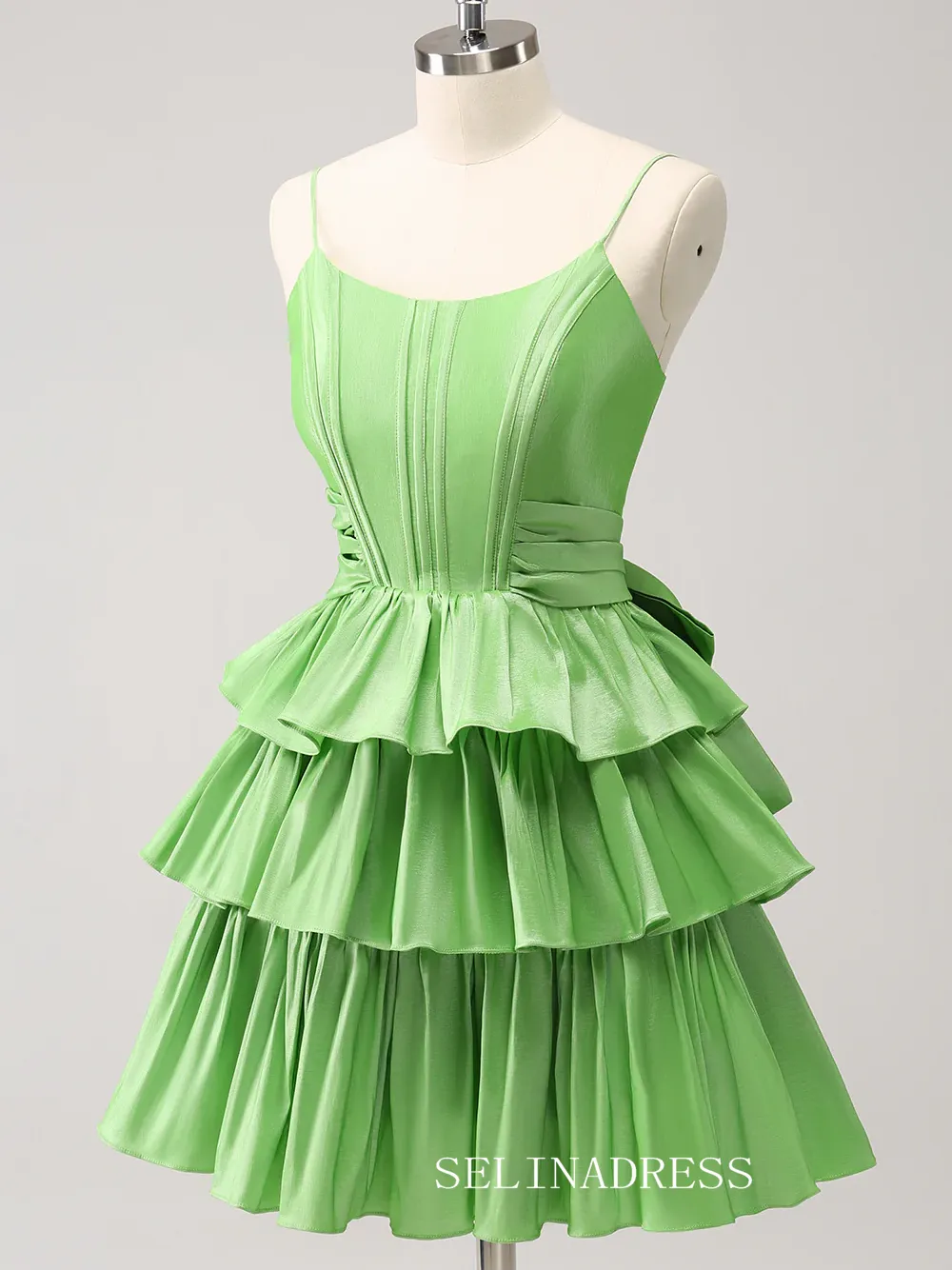 Sage Green Spaghetti Straps Homecoming Dresses Tiered Hoco Dress Cocktail Dress #TKL2352