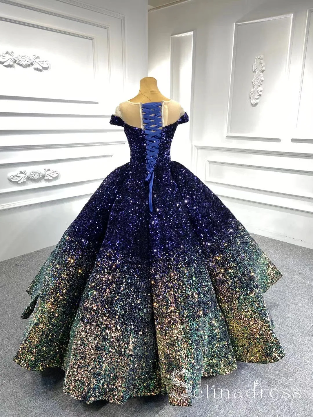 Scoop Neck Cap Sleeve Ombre Sequin Ball Gown Quinceanera Dresses #QC001