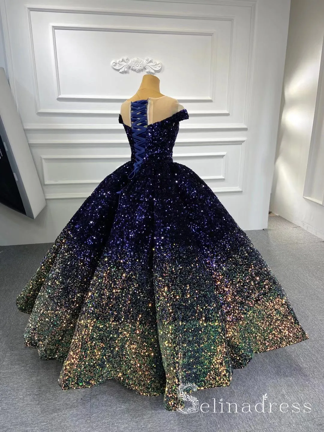 Scoop Neck Cap Sleeve Ombre Sequin Ball Gown Quinceanera Dresses #QC001