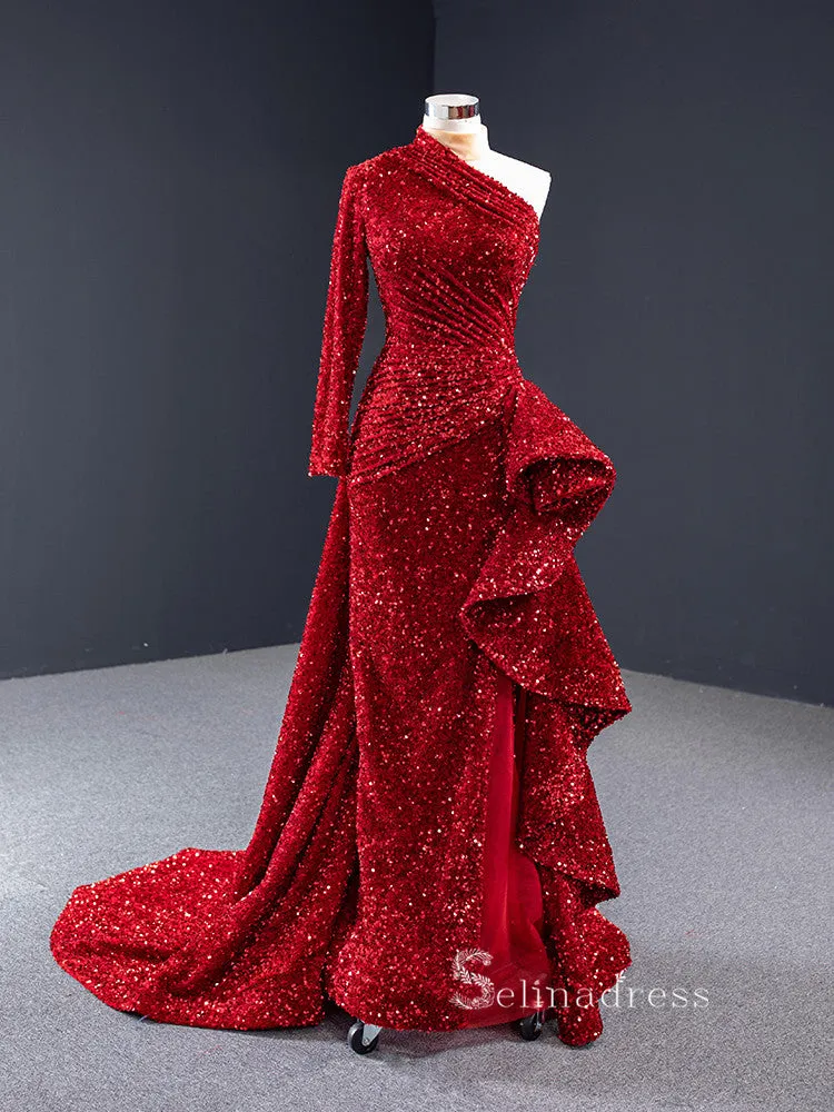 Sheath/Column One Shoulder Long Sleeve Sequins Prom Dress Long Evening Gowns GRB056