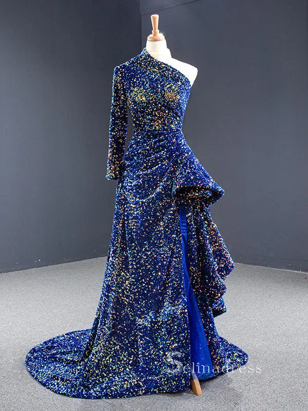 Sheath/Column One Shoulder Long Sleeve Sequins Prom Dress Long Evening Gowns GRB056