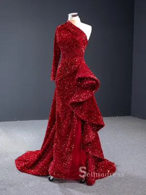 Sheath/Column One Shoulder Long Sleeve Sequins Prom Dress Long Evening Gowns GRB056