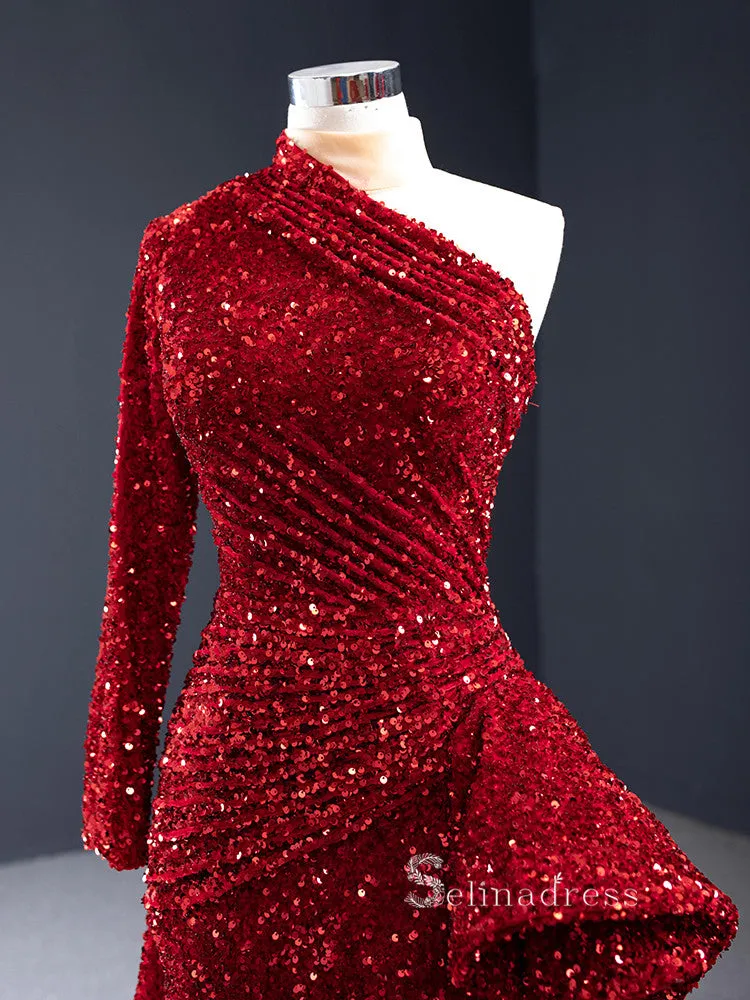 Sheath/Column One Shoulder Long Sleeve Sequins Prom Dress Long Evening Gowns GRB056