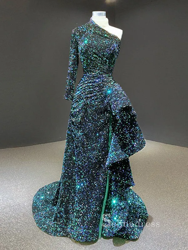 Sheath/Column One Shoulder Long Sleeve Sequins Prom Dress Long Evening Gowns GRB056