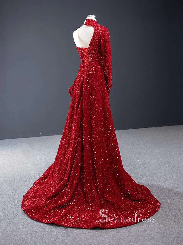 Sheath/Column One Shoulder Long Sleeve Sequins Prom Dress Long Evening Gowns GRB056
