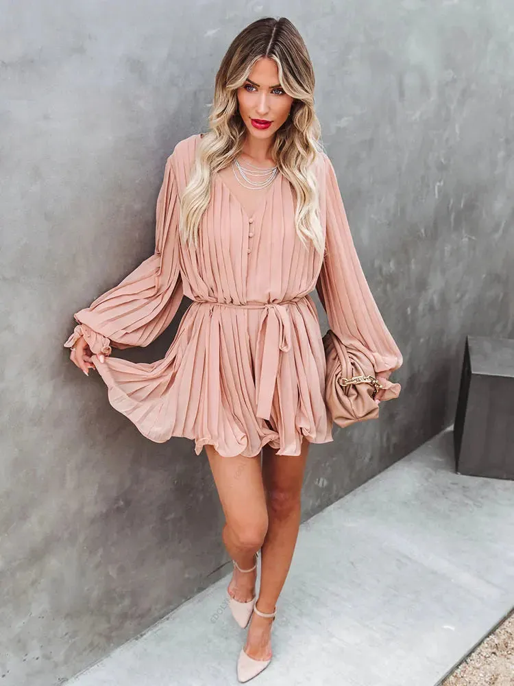 Solid Lace-up V-neck Button Ruffle Long Sleeves Mini Dress